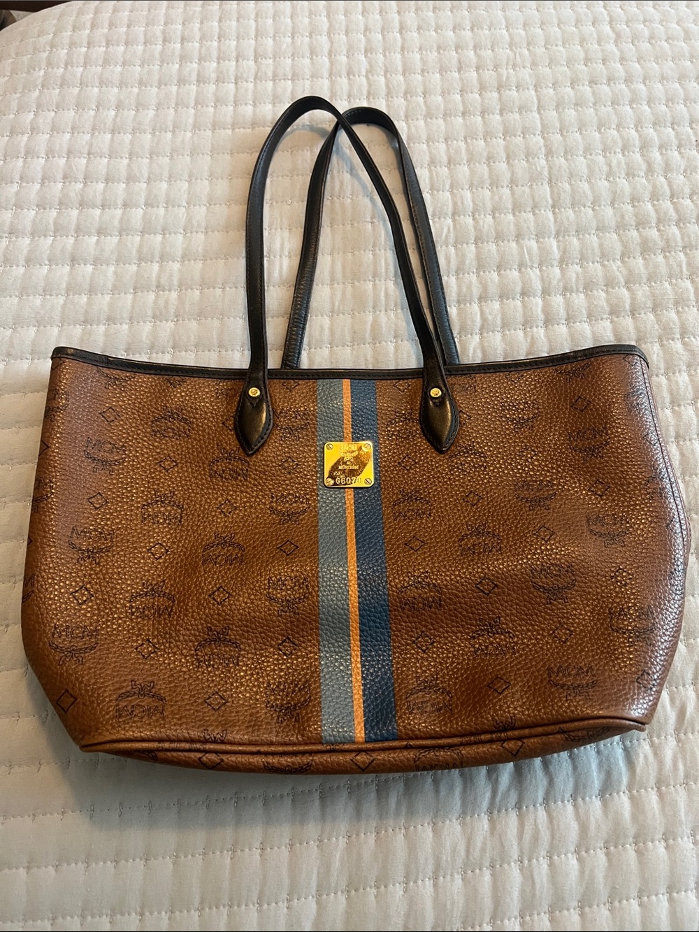 MCM Cognac Coated Canvas Tote with Blue and Orange Stripe